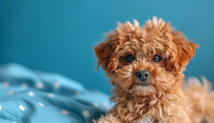 cute dog  on a light blue background, commercial image, free place for text, 