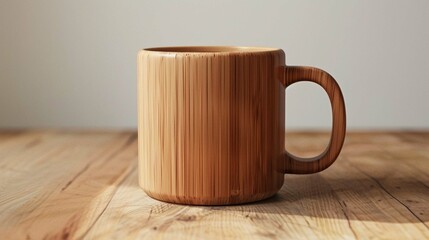 Eco-friendly bamboo coffee mug mockup with a natural wood grain finish.