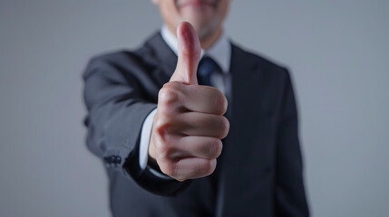 Business man thumbs up to indicate success, likes,encourages, wins - close-up.