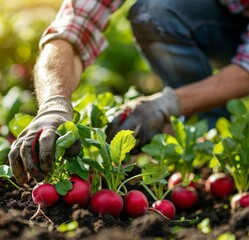 Man farmer in gloves harvesting ripe radish in plot on background of  farm garden. Agriculture,...