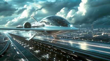 a science fiction-inspired image of a futuristic VTOL (Vertical Take-Off and Landing) aircraft...