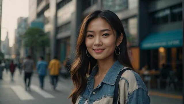 young beautiful asian woman wearing trendy clothes stands on the street of a large city