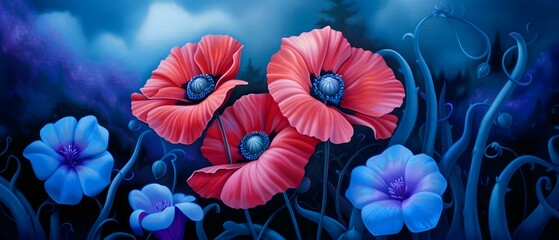 red poppy flower in blue sky - obrazy, fototapety, plakaty