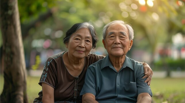 Elderly Asian couple With love evident in retirement, reflecting the retirement of the elderly.