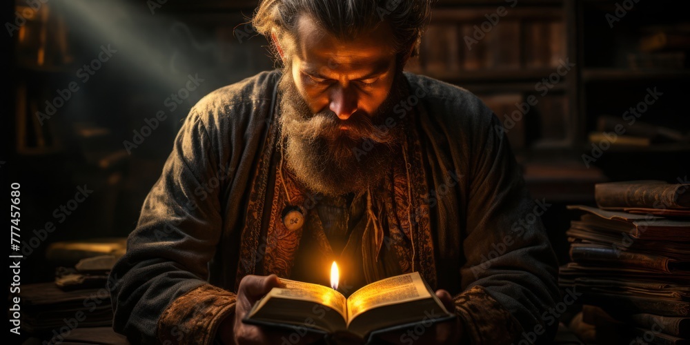 Poster man reading book by candlelight generative ai