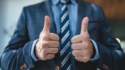 Business man thumbs up to indicate success, likes,encourages, wins - close-up.