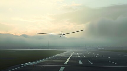 a serene and peaceful AI illustration of a glider gracefully soaring above an airport runway, capturing the beauty of silent flight attractive look