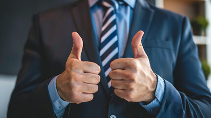 Business man thumbs up to indicate success, likes,encourages, wins - close-up.