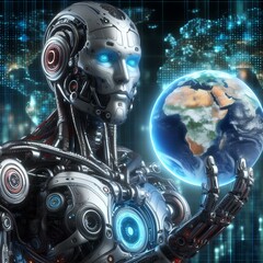 Cyborg bot holds a world globe in his hand.