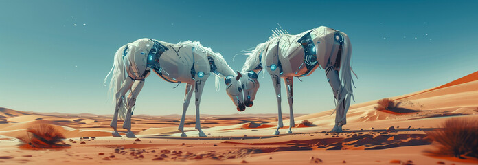 Two cybernetic horses in a desert. Landscape in the style of futuristic surrealism
