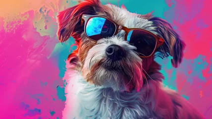 Poster cool dog with sunglass in a stunning background ultra realistic Generative AI   © Pavithiran
