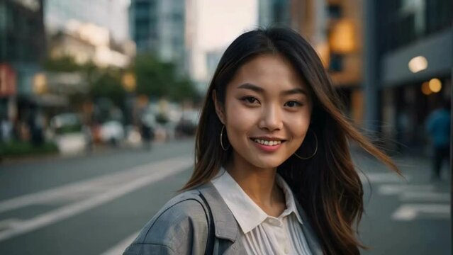 young beautiful asian woman wearing trendy clothes stands on the street of a large city