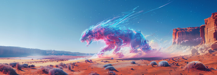 Cybernetic panther in a desert. Landscape in the style of futuristic surrealism - obrazy, fototapety, plakaty