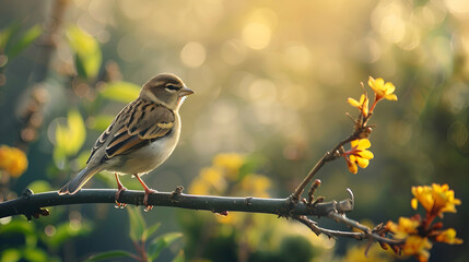 Obraz premium A focused finch perched delicately on a branch, with a soft, blurred forest backdrop