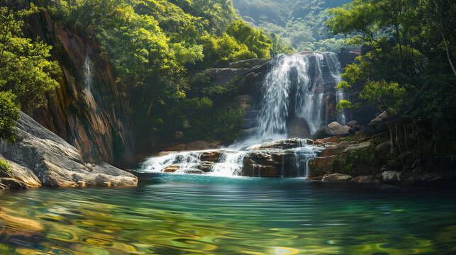 A picturesque waterfall conjures images of pristine nature, serene surroundings, and the soothing sound of cascading water
