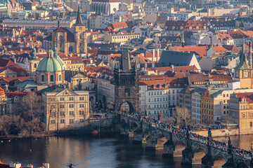 Aerial view of old town with Charles Bridge in Prague. Czech Republic.
