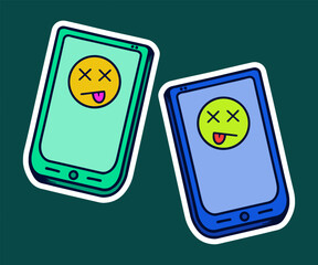 Hand Phone Doodle Sticker Illustration with Retro Style
