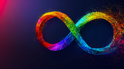 Sign of an endless rainbow on dark background. Symbol of movement for rights and acceptance of autism. World Autism Awareness and Neurodiversity Day. Copy space. - obrazy, fototapety, plakaty