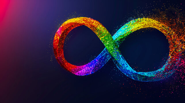 Sign of an endless rainbow on dark background. Symbol of movement for rights and acceptance of autism. World Autism Awareness and Neurodiversity Day. Copy space.