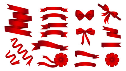 Red Ribbon Bow Realistic shiny satin with shadow horizontal ribbon for decorating your wedding invitation card, greeting card, or gift boxes
