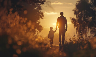 happy fathers day with silhouette of dad and son walking at sunset