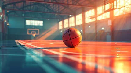 a stunning AI-generated artwork featuring a basketball ball resting on the floor of a vibrant sports arena, illuminated by the warm glow of sunlight entering the gym attractive look