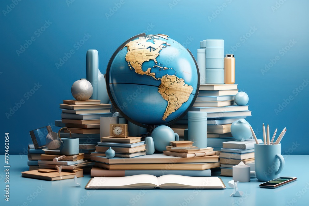 Poster globe surrounded by books and various items generative ai