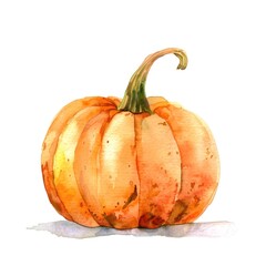 A watercolor painting of a vibrant orange pumpkin with a textured stem