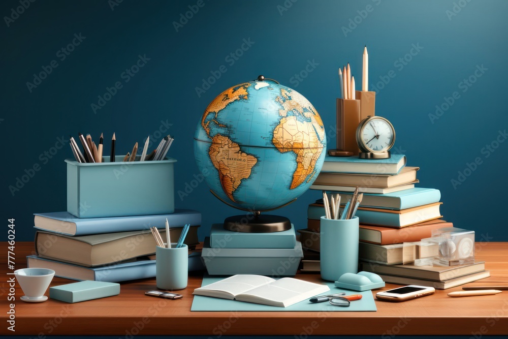 Poster desk with books and globe generative ai