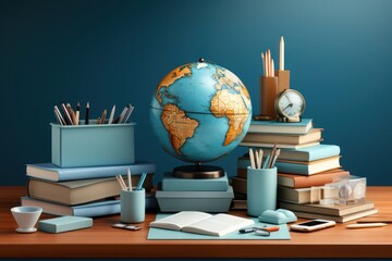 Desk With Books and Globe Generative AI
