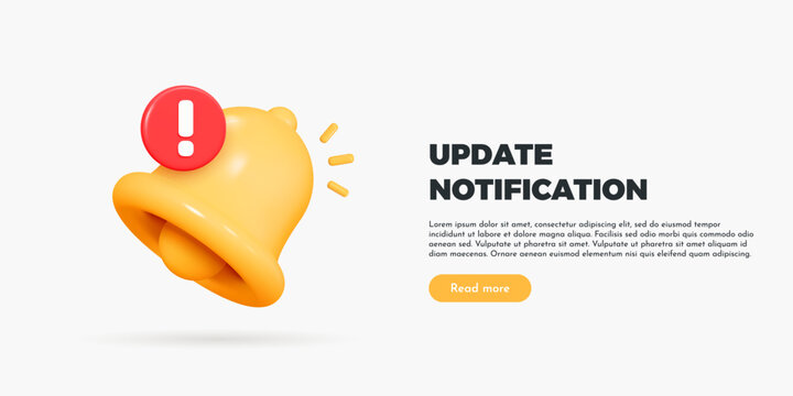 3D Bell notifications and update time. Subscribe to upgrade. New important message. Social media reminder. Update software. Cartoon creative design vector illustration for web page banner. 3D Vector