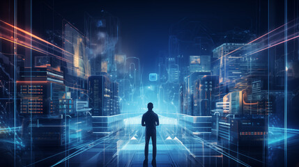 Data science, digital technology, internet global network concept. Computer programmer using digital tablet with data center and big data management, innovation technology background