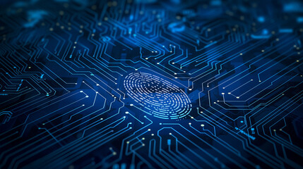 A neon blue digital fingerprint scanner or sensor on a dark AI-integrated electronic circuit bord hi tech background. Fingerprint scanning identification security system, biometrics security. - obrazy, fototapety, plakaty