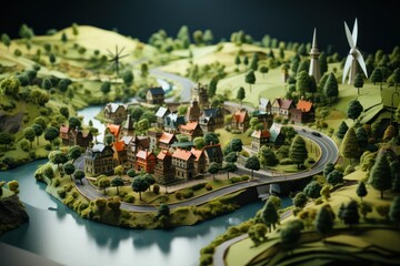Miniature Town Model With River Generative AI - obrazy, fototapety, plakaty