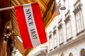 Austria flag on the street on background of Vienna city.
