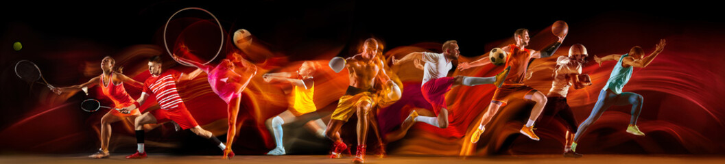 Athletes of different sports, men and women in motion, training, playing on black background in neon with mixed lights. Concept of sport, competition, tournament, action, dynamics. Banner - obrazy, fototapety, plakaty