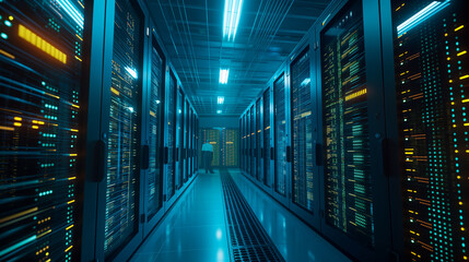 Modern Network Server Room with Blue Data Racks