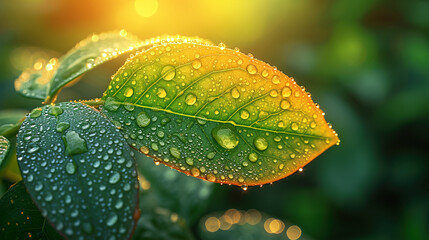 The magical sparkle of water drops on a leaf in the sunlight