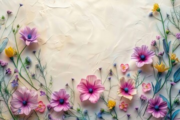 beautiful spring flowers on paper background, copy space, art 