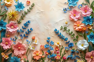 Fototapeta na wymiar beautiful spring flowers on paper background, copy space, art 