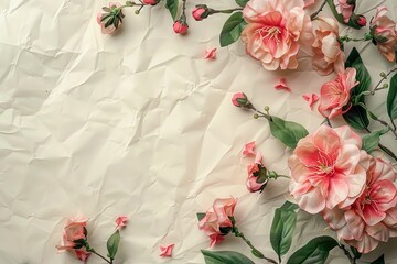 beautiful spring flowers on paper background, copy space, art 