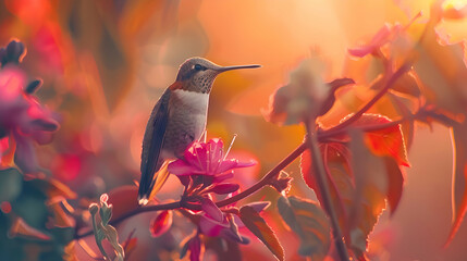 A hummingbird perched delicately on a vibrant flower, with a dreamy blurred garden background
