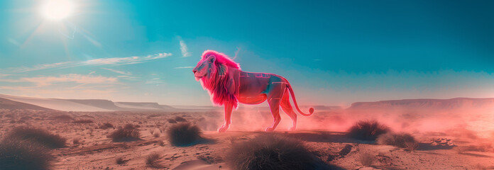 Cybernetic lion in a desert. Landscape in the style of futuristic surrealism - obrazy, fototapety, plakaty