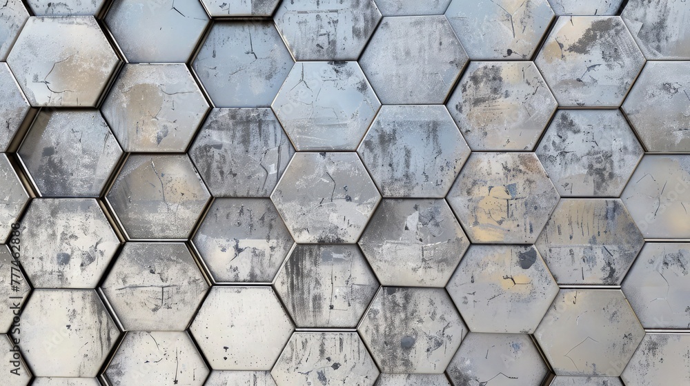 Poster a large-scale, detailed view of a hexagon tile mirror wall, with each hexagonal piece uniquely contr