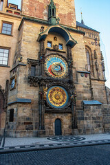 View of Astronomical clock in Old Town of Prague city.