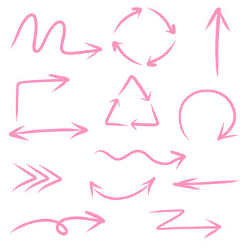 vector hand drawn lines pink arrows collection set
