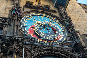 View of Astronomical clock in Old Town of Prague city.