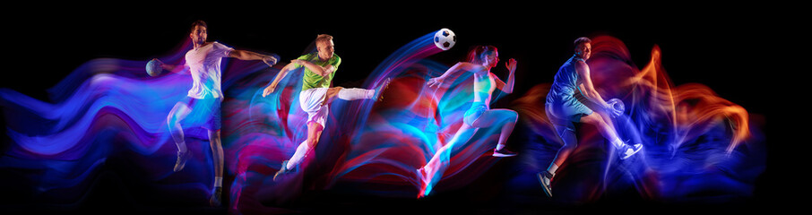 Athletes of different sport in motion, training on black background in neon with mixed lights. Men and women in dynamic poses. Concept of sport, competition, tournament, action, dynamics. Banner - obrazy, fototapety, plakaty