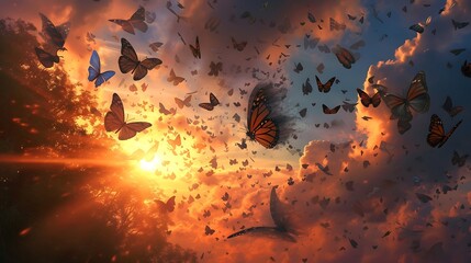 a surreal depiction of contractual obligations melting away under the warmth of a setting sun, with the liberated forms taking flight like butterflies, signifying freedom attractive look - obrazy, fototapety, plakaty