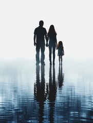 silhouette di un padre e due figli un maschio e una femmina, fondo solido bianco - generative ai - obrazy, fototapety, plakaty